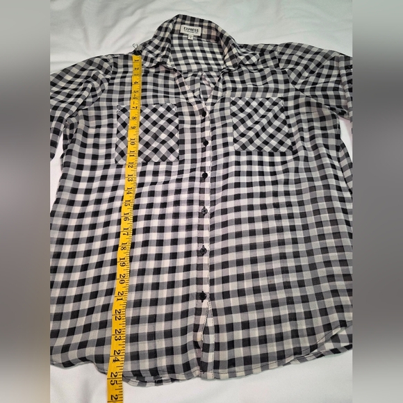 Express Buffalo Black And White Check Portofino Sheer Button Down Shirt- Size Lg - Picture 4 of 8